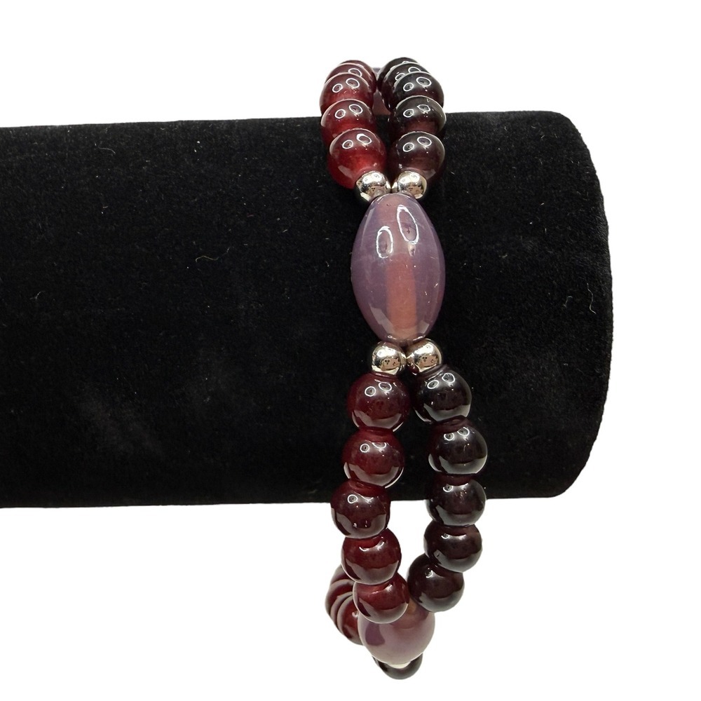 Garnet Glass Double Strand Bead Bracelet Silver Toned Accents Jewelry Wrist Sz 8